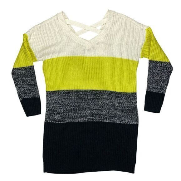 No Comment V Neck Sweater Dress Women L Color Block Modern Y2K Casual Knit Comfy - Picture 1 of 16